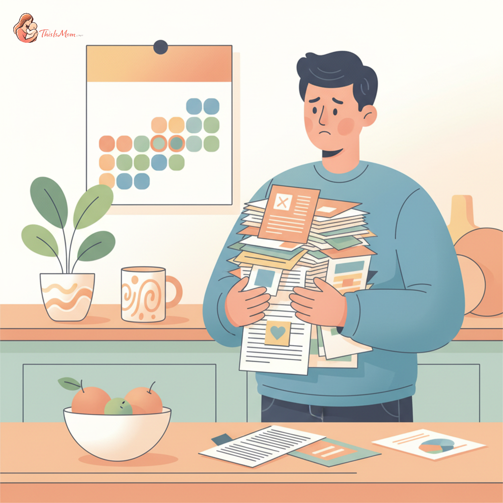 Parent looking stressed while surrounded by various school supplies and activity flyers, with a calendar marked for different months beyond August.