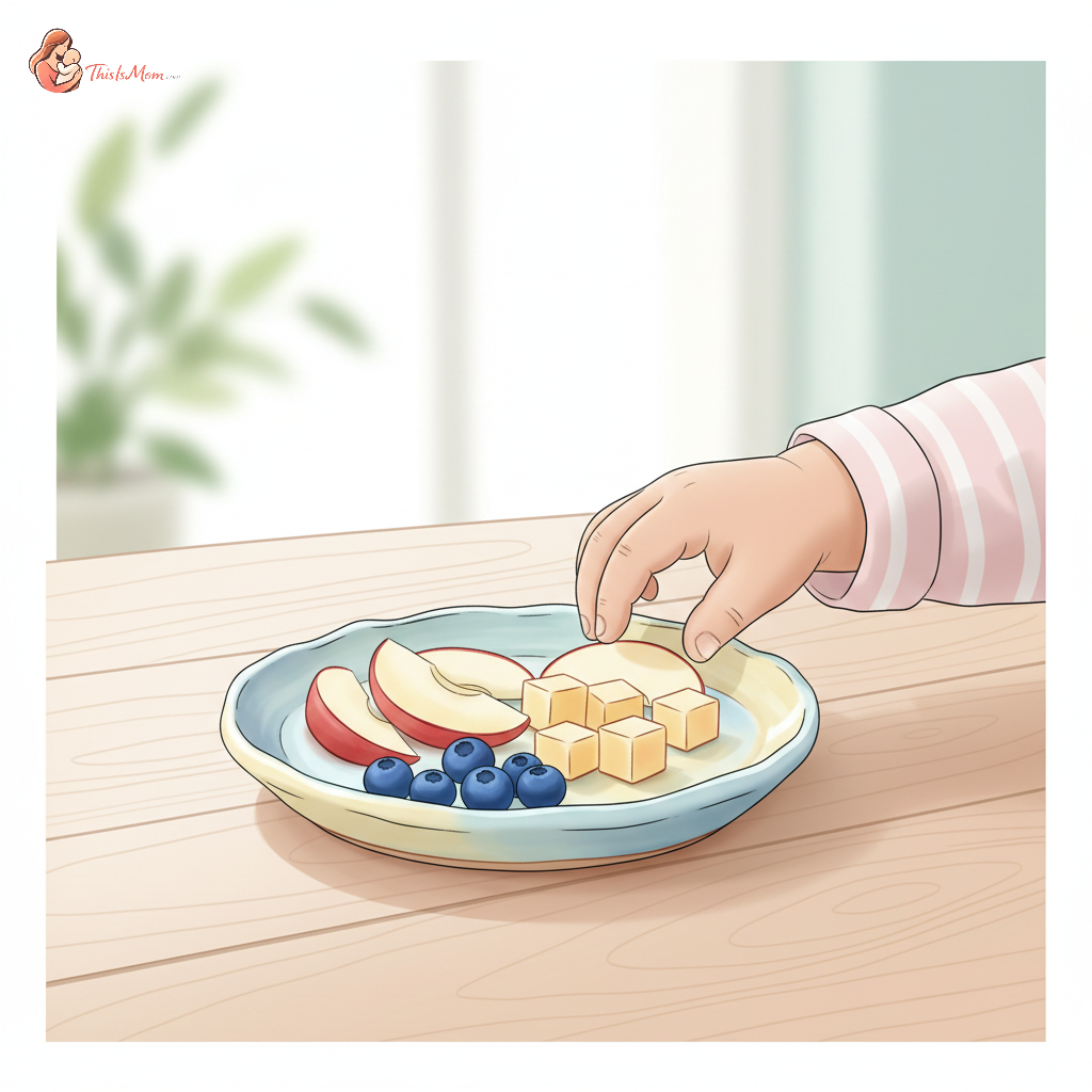 Close-up of a toddler's hand reaching for a colorful plate of healthy snacks, including apple slices, cheese cubes, and berries.