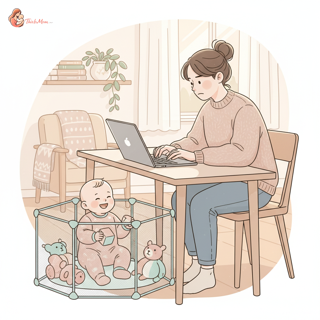 Exhausted parent at a laptop with a baby in a playpen nearby, surrounded by toys, illustrating the challenge of balancing remote work with baby at home and no childcare.