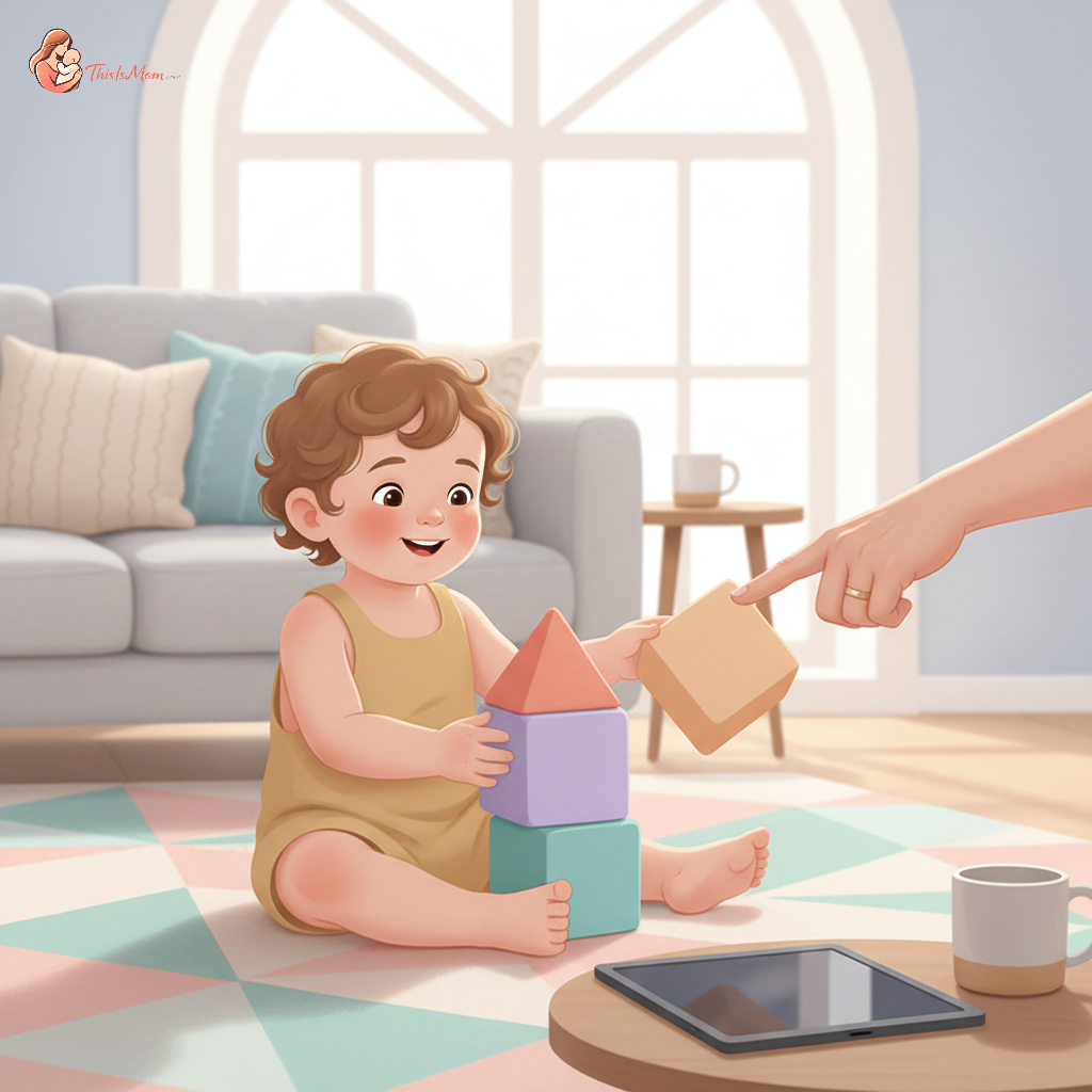 A toddler happily playing with building blocks on a rug, with an adult (a grandparent or caregiver) gently guiding them. The scene is bright and warm, suggesting a welcoming home environment. A tablet or phone is visible but turned off and set aside in the background, out of reach.