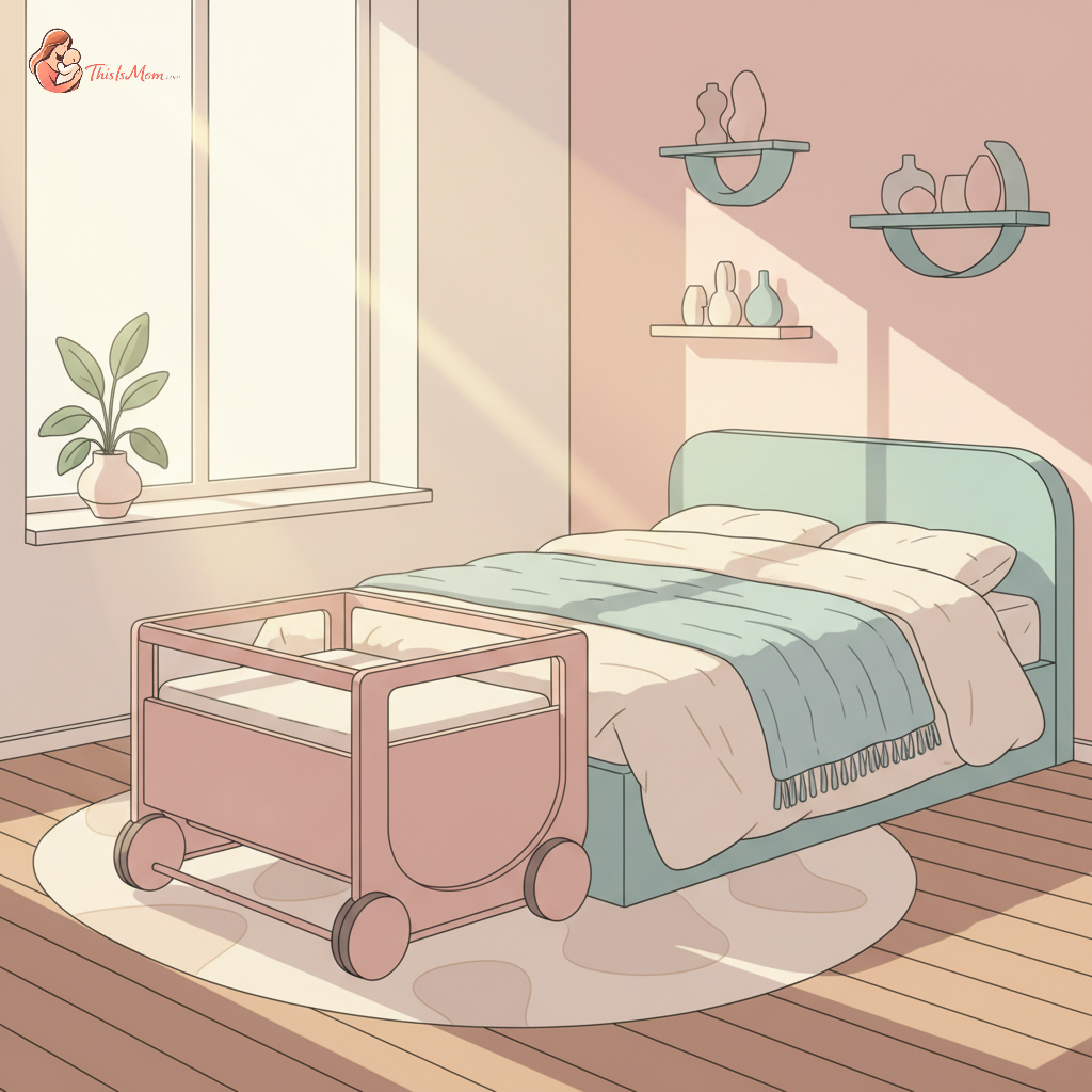 An adjustable bassinet with wheels positioned next to a bed, showcasing easy access for a postpartum mother recovering from a C-section.