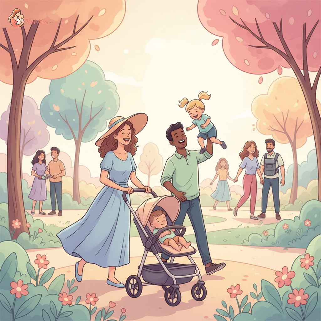 A diverse group of happy parents playing with their young children in a sunny park, with a subtle overlay of a shield or protective barrier, symbolizing financial security and peace of mind.