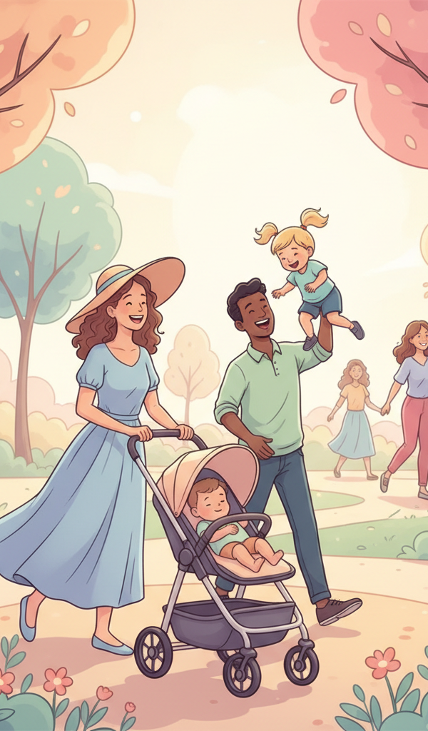 A diverse group of happy parents playing with their young children in a sunny park, with a subtle overlay of a shield or protective barrier, symbolizing financial security and peace of mind.