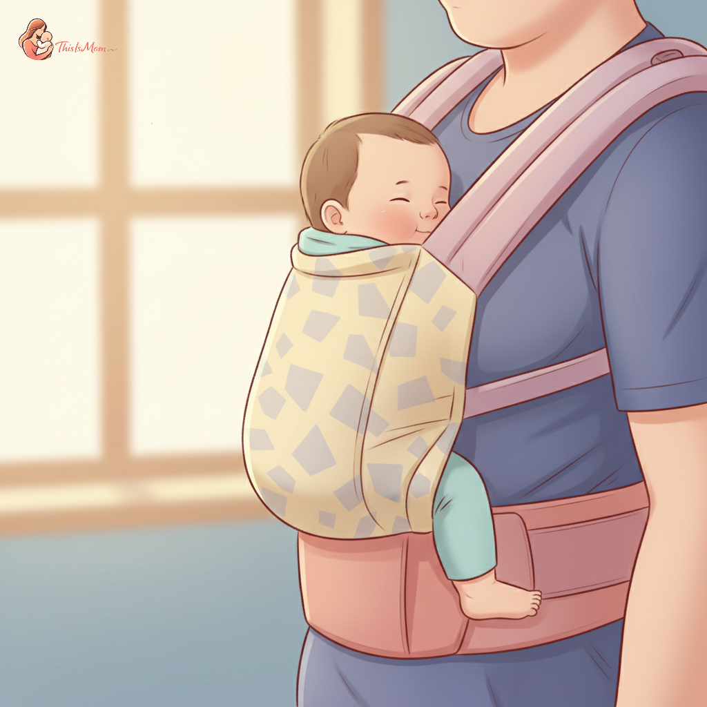 Close-up of a plus-size parent wearing a comfortable baby carrier, showing the padded waist belt and wide shoulder straps providing excellent support. The baby is nestled ergonomically in the carrier, looking content.