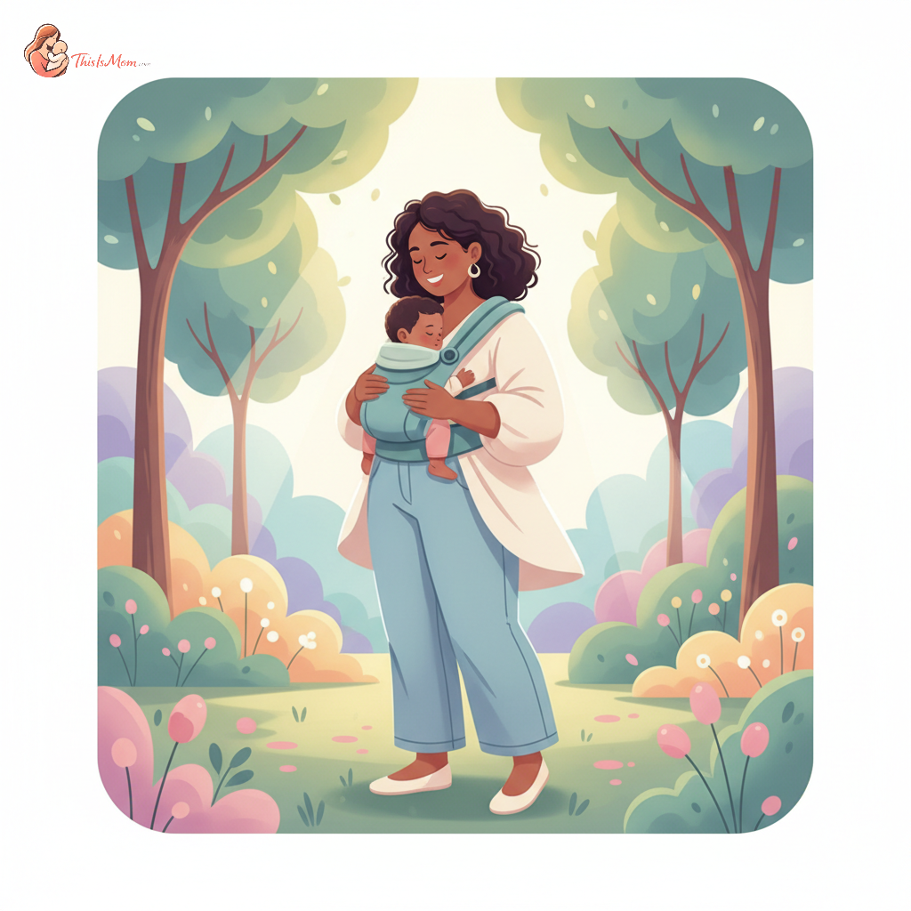 Happy plus-size parent comfortably wearing their baby in a supportive carrier, smiling, outdoors in a park.