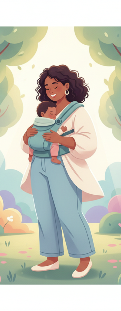 Happy plus-size parent comfortably wearing their baby in a supportive carrier, smiling, outdoors in a park.