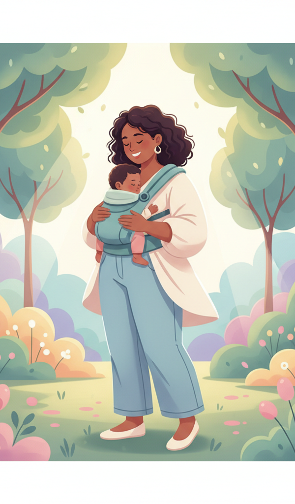 Happy plus-size parent comfortably wearing their baby in a supportive carrier, smiling, outdoors in a park.