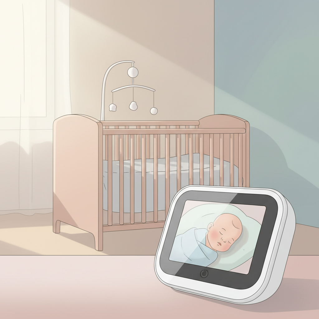 A parent unit of a baby monitor showing a clear video feed of a baby in a crib.