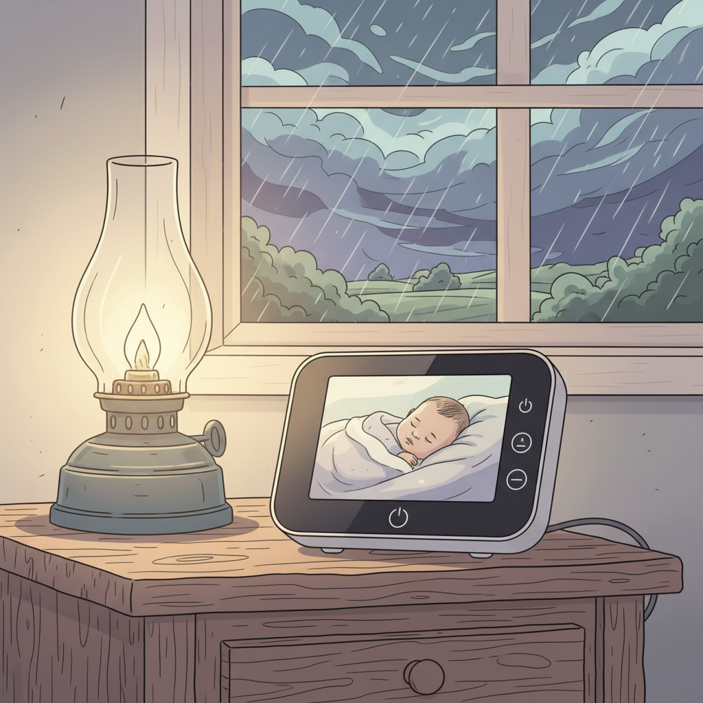 A baby monitor parent unit displaying a clear image of a sleeping baby in a crib, placed on a wooden nightstand next to a lamp in a dimly lit, cozy rural bedroom during a power outage, with an oil lantern gently glowing in the background.