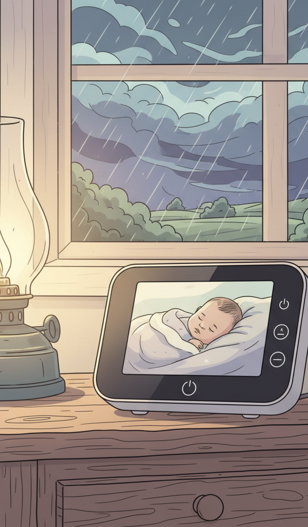 A baby monitor parent unit displaying a clear image of a sleeping baby in a crib, placed on a wooden nightstand next to a lamp in a dimly lit, cozy rural bedroom during a power outage, with an oil lantern gently glowing in the background.