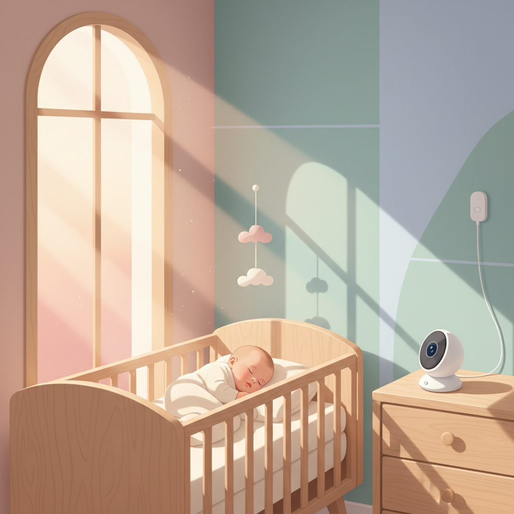 A peaceful baby sleeping soundly in a crib with a discrete, non-wireless baby monitor unit placed safely nearby, emphasizing a calm and secure environment.