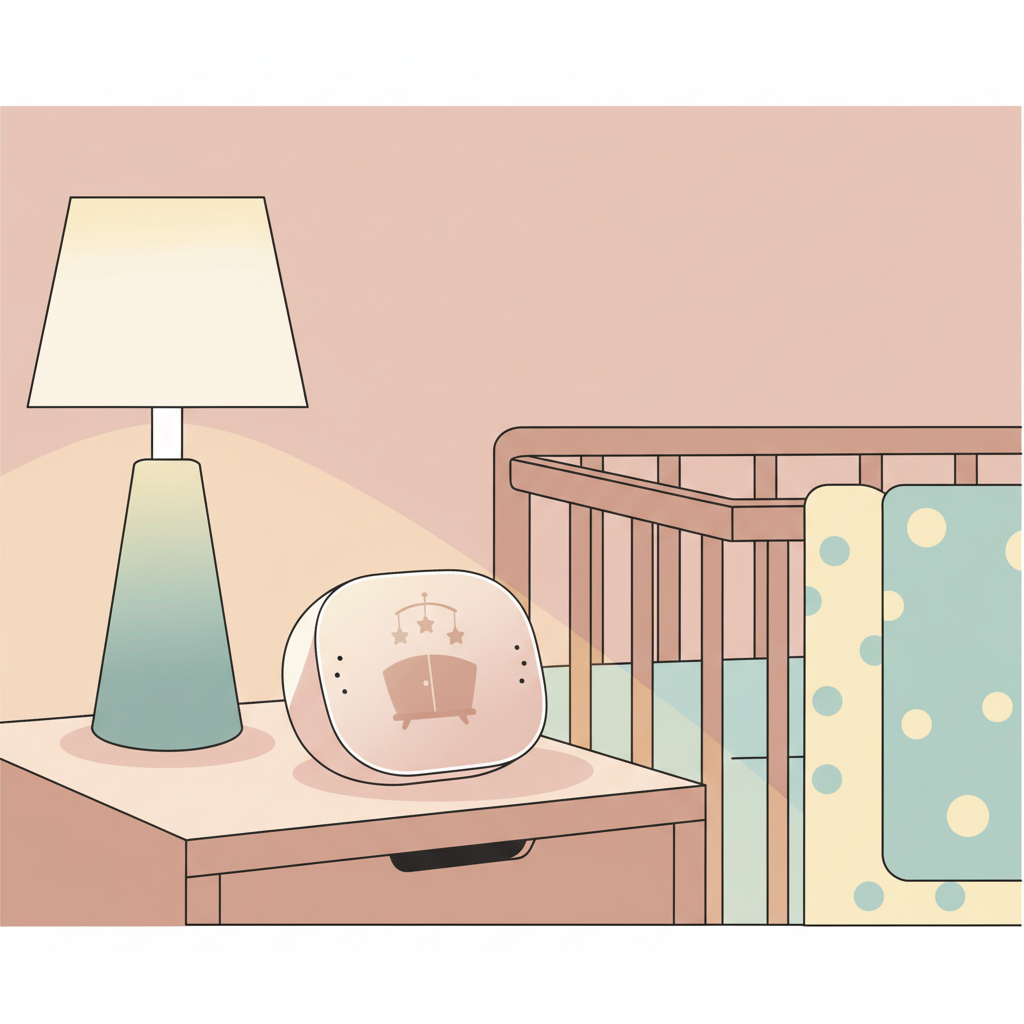 A baby monitor parent unit resting on a bedside table next to a sleeping baby's crib.