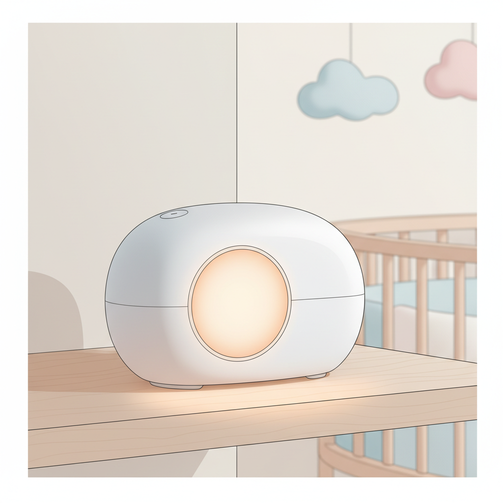 A close-up of a modern baby sound machine with a soft, warm glowing night light on a clean, light-colored wooden nursery shelf, surrounded by subtle white noise ripples.
