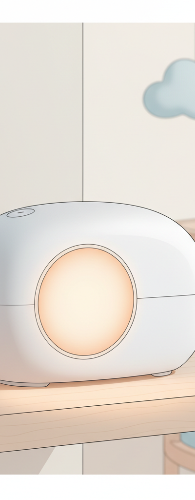 A close-up of a modern baby sound machine with a soft, warm glowing night light on a clean, light-colored wooden nursery shelf, surrounded by subtle white noise ripples.