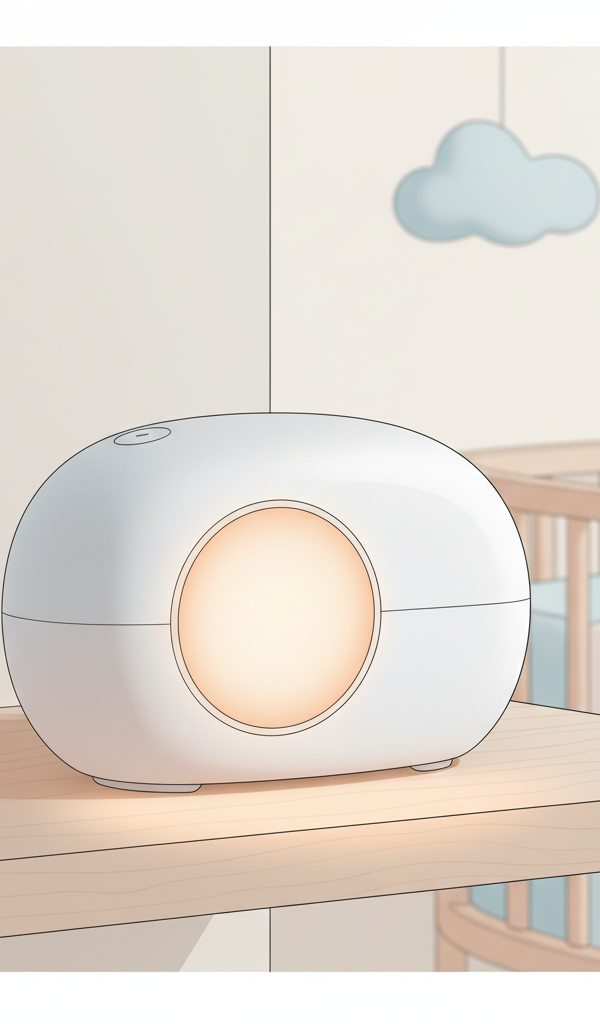 A close-up of a modern baby sound machine with a soft, warm glowing night light on a clean, light-colored wooden nursery shelf, surrounded by subtle white noise ripples.