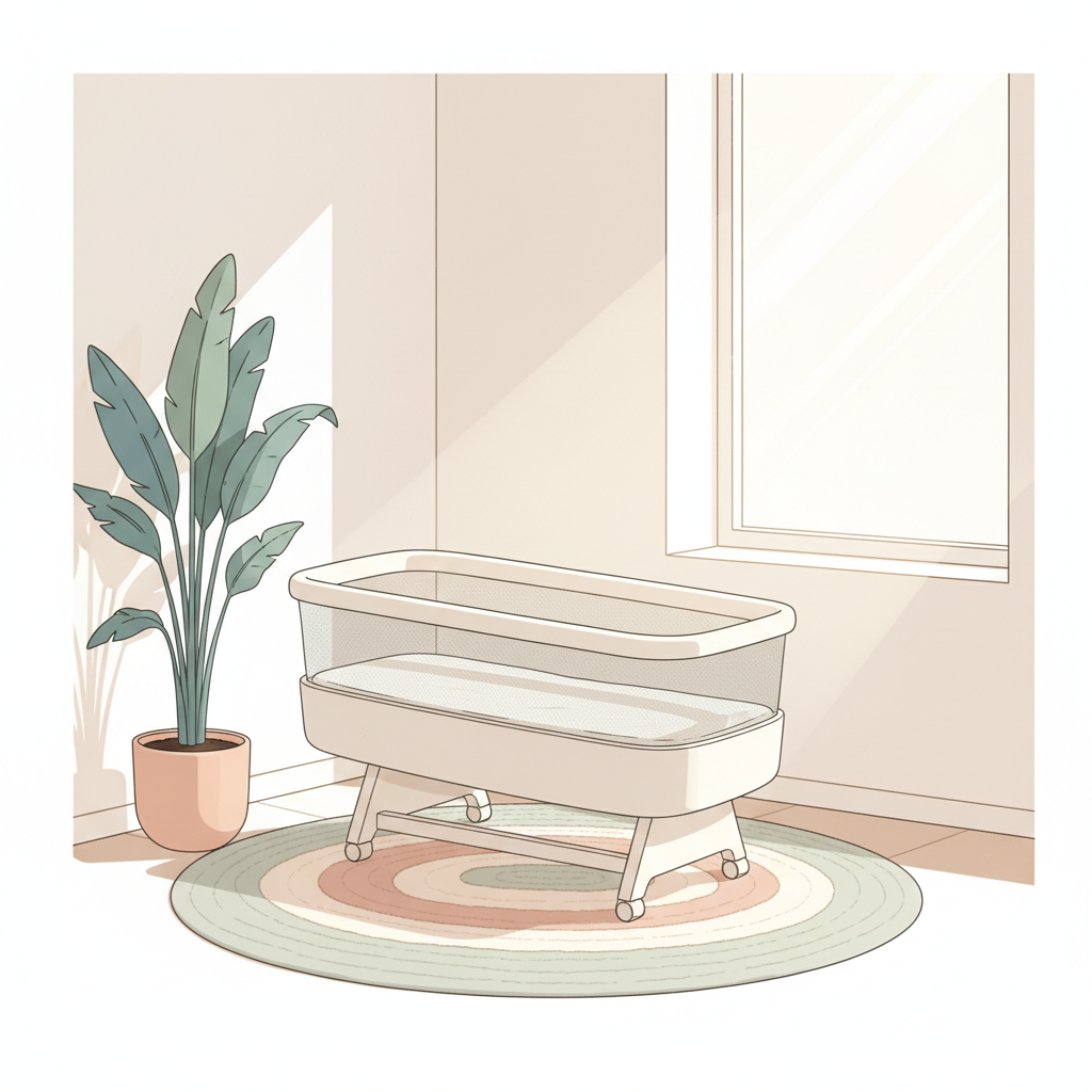 A compact, modern bassinet with a slight incline, suitable for a baby with reflux, placed in a bright, organized small apartment living space with natural light.