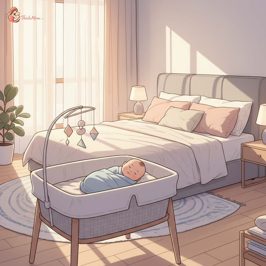 Adjustable height bassinet next to a bed, with a sleeping newborn baby inside, showing easy access for a postpartum mother.