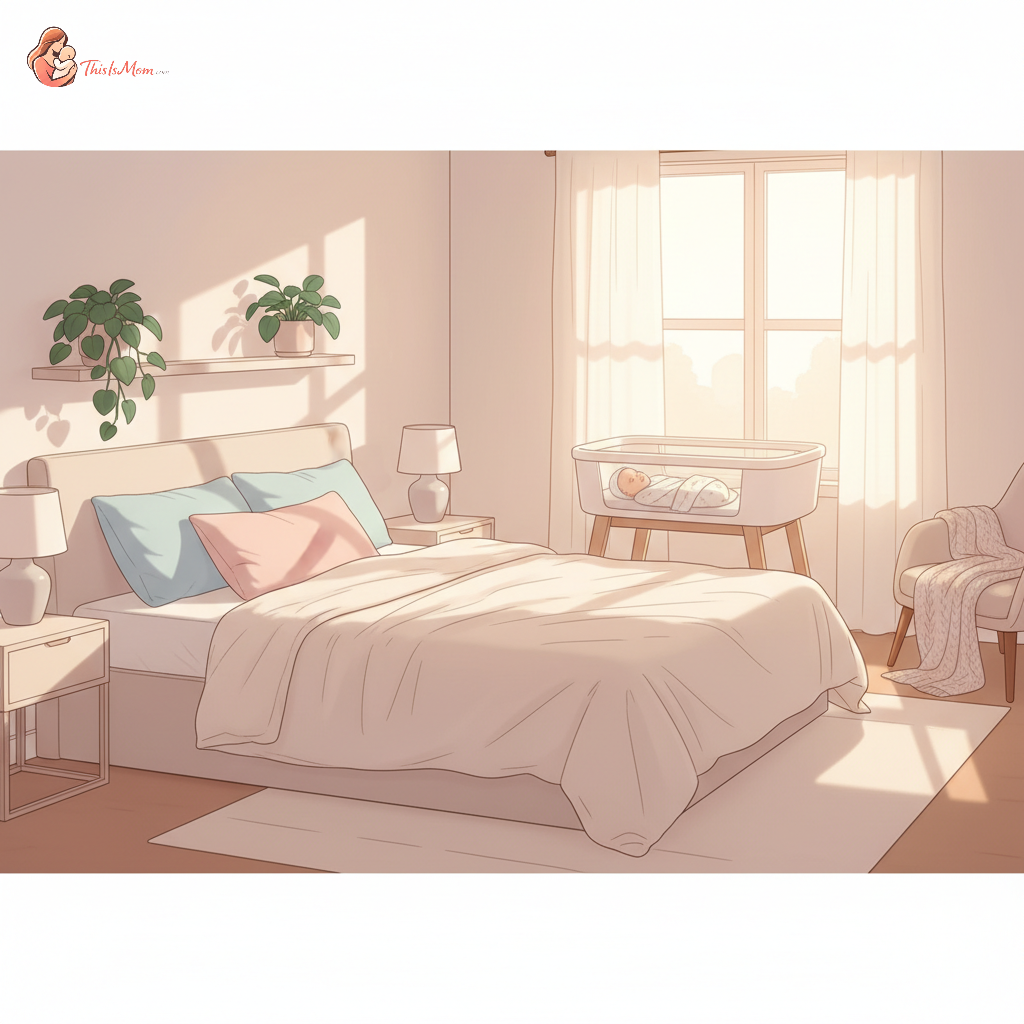 A peaceful newborn sleeping soundly in a modern, bedside bassinet, with a soft blanket draped over the side of a bed nearby, suggesting closeness to a recovering mother.