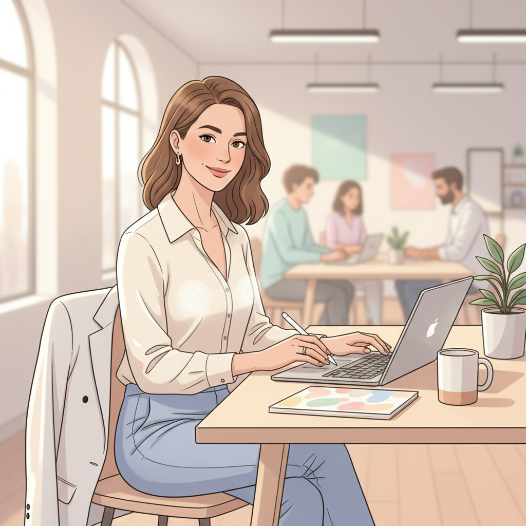 A working mother discreetly using a wearable breast pump while typing on a laptop at a modern, bright office desk. Her professional attire blends with the technology.