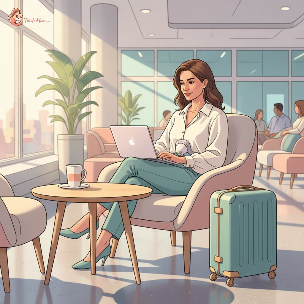 A confident working mother smiling slightly, sitting in a modern airport lounge with her laptop open, wearing a discreet wearable breast pump under her blouse, with a small carry-on bag next to her.