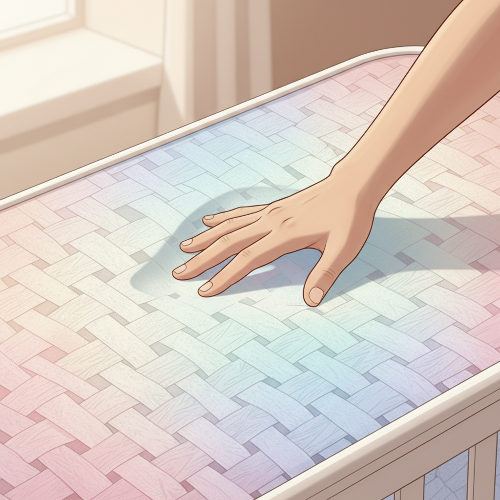 A close-up of a crib mattress with a visibly breathable, mesh-like surface texture, highlighting its firmness with a slight indentation from a gentle press to demonstrate support, in a softly lit nursery.