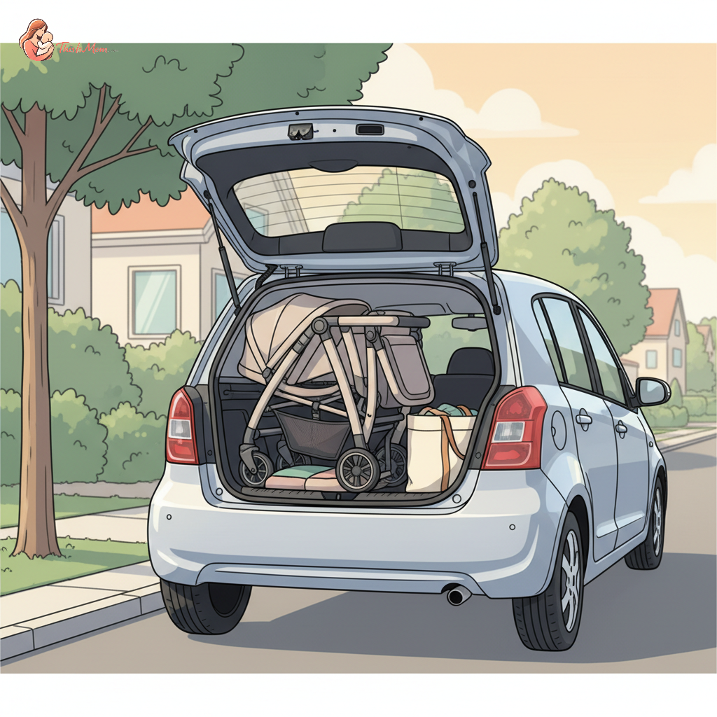 Compact double stroller folded, fitting neatly into the trunk of a small silver sedan, with twin babies giggling in the background