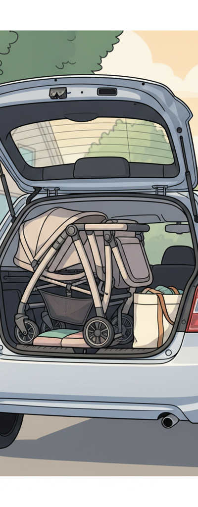 Compact double stroller folded, fitting neatly into the trunk of a small silver sedan, with twin babies giggling in the background