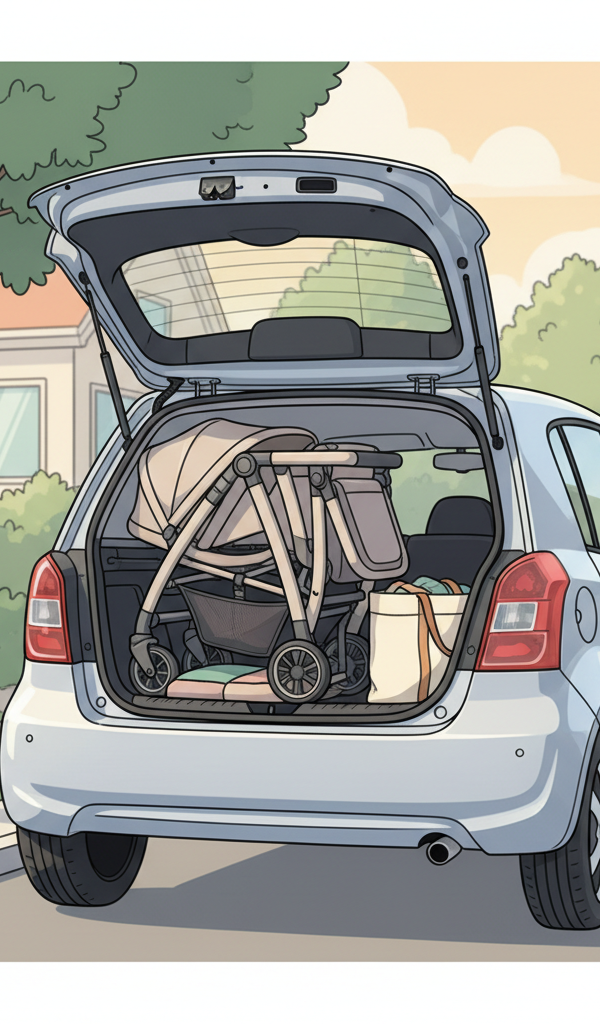 Compact double stroller folded, fitting neatly into the trunk of a small silver sedan, with twin babies giggling in the background