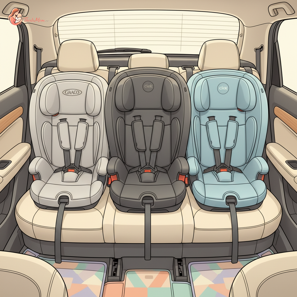 Three diverse car seats installed snugly across the back seat of a compact car, seen from above, showcasing their slim profiles.