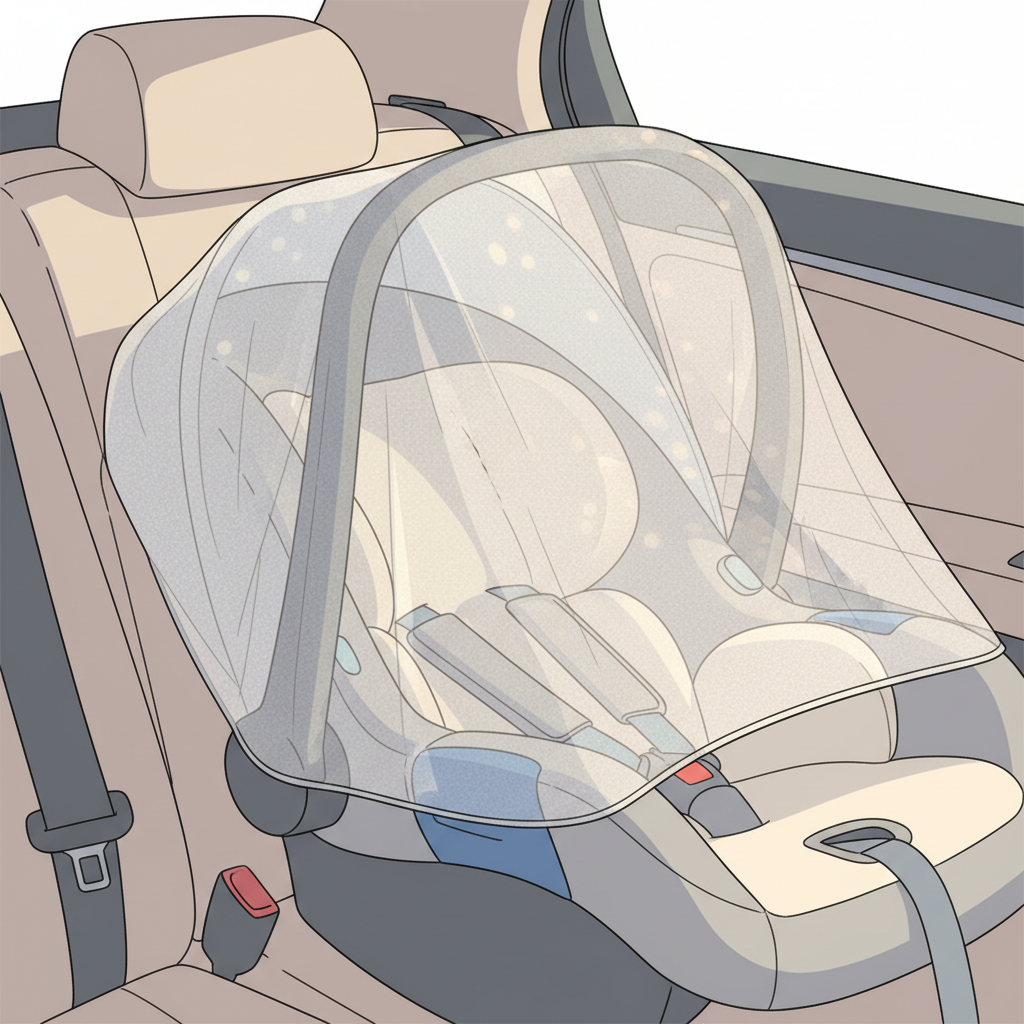 A baby in a car seat with a breathable mesh cover on a sunny day