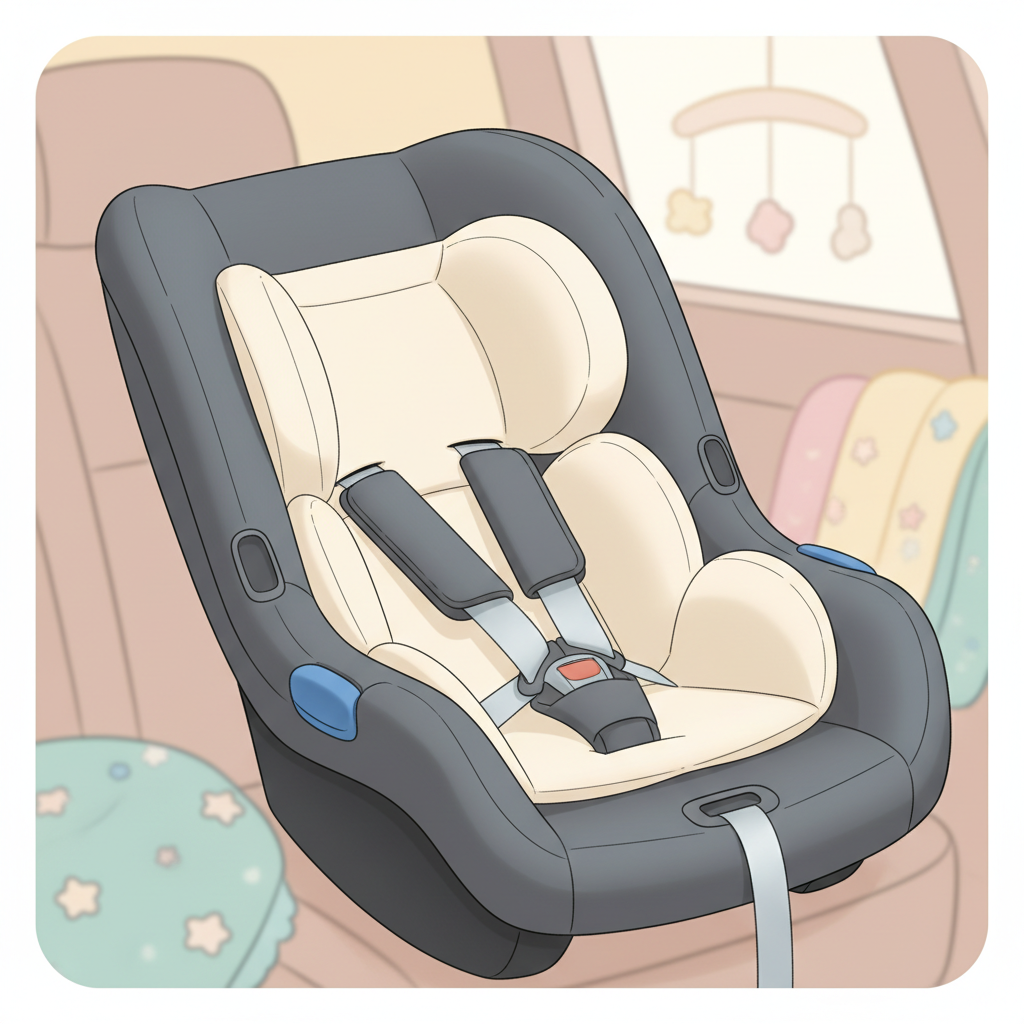 A close-up shot of a car seat with a specially designed infant insert, suitable for a preemie, showing secure harness straps and head support. No baby present.