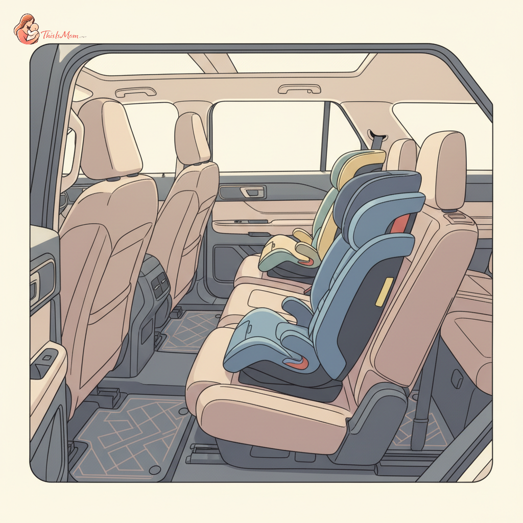 Multiple car seats of different types installed in the second and third rows of a Ford Explorer SUV, with one seat tilted forward to show clear access to the back row.