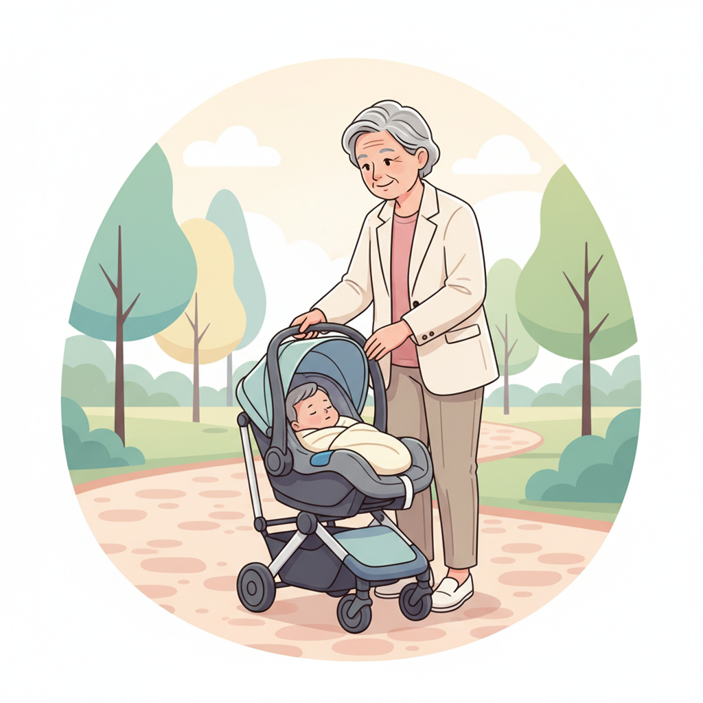 A grandparent easily manipulating a lightweight car seat stroller combo with a happy infant inside, with a focus on its compact and user-friendly features.