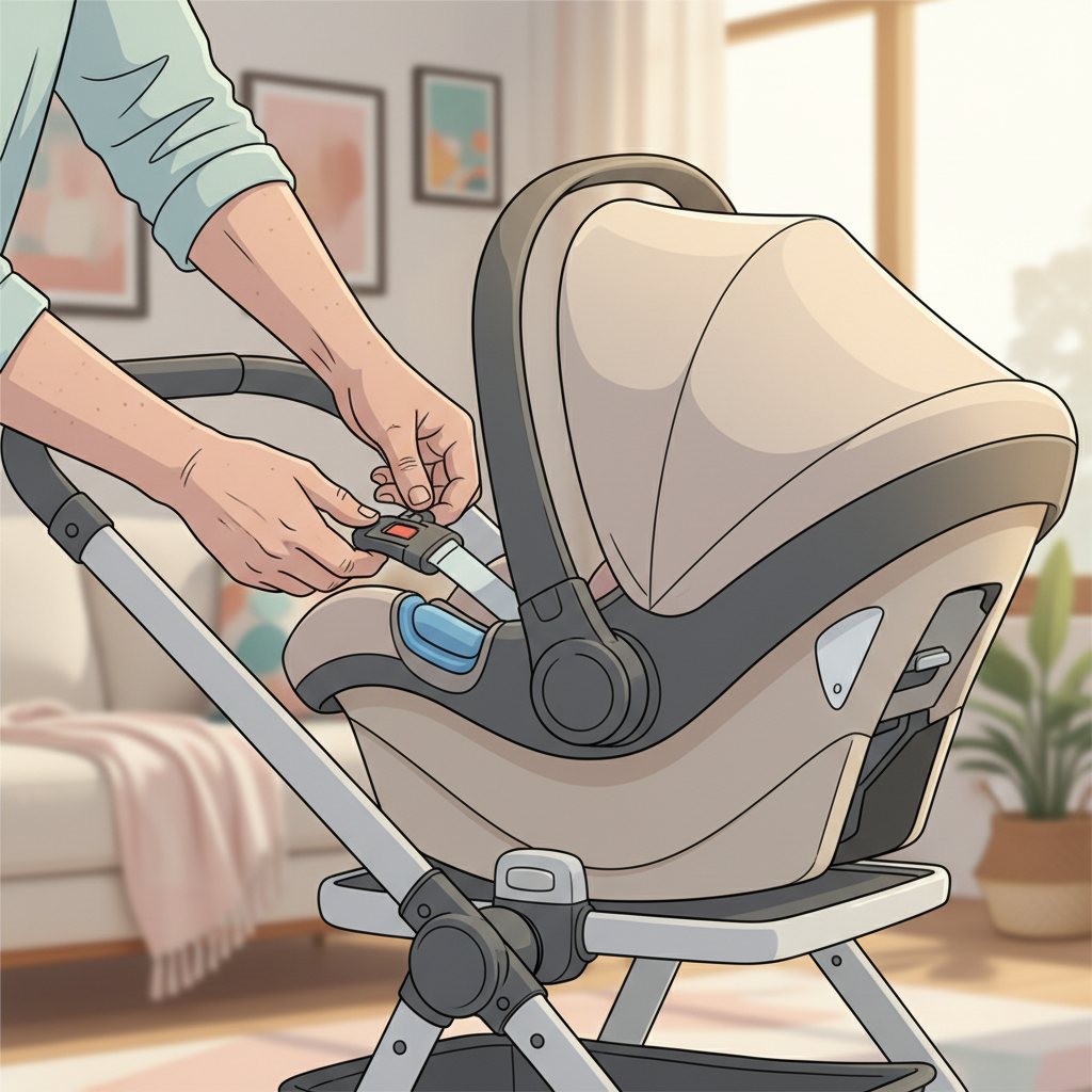 Close-up of a grandparent gently placing an infant into a car seat, which is securely clicked into a lightweight stroller frame, with a soft, protective blanket over the baby.