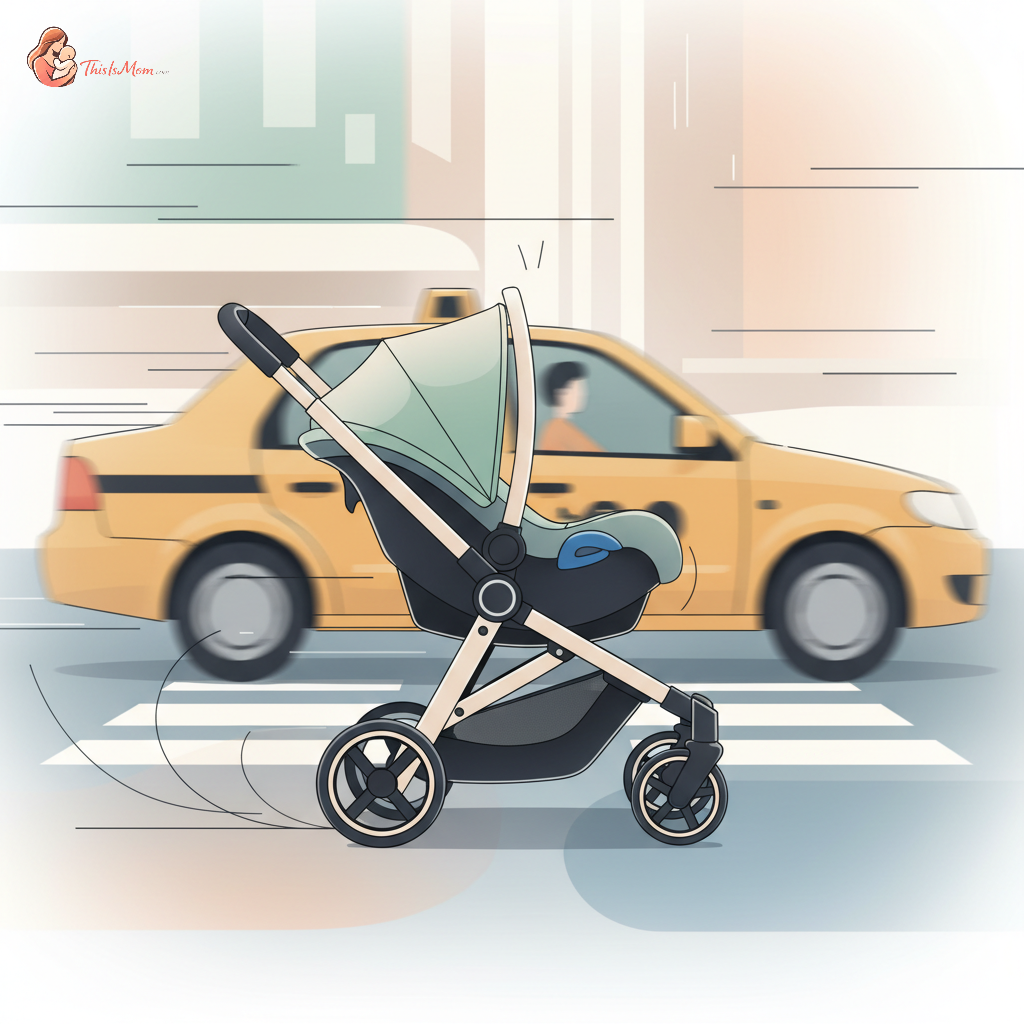 A sleek, compact infant car seat stroller combo being effortlessly folded next to a taxi in a bustling city street