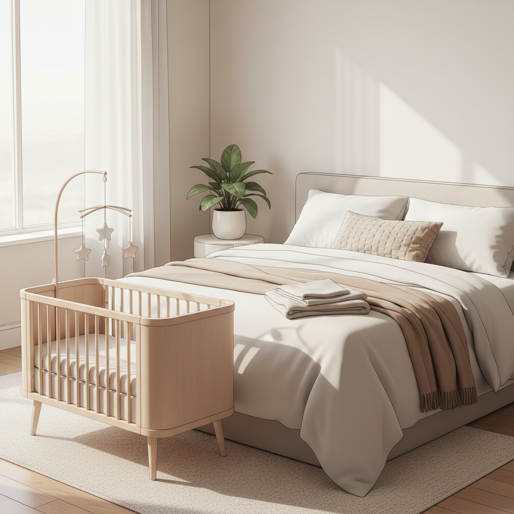 Stylish compact mini crib placed next to a bed in a small, cozy master bedroom, bathed in soft, natural light, with soft textiles, indicating a safe sleep space.