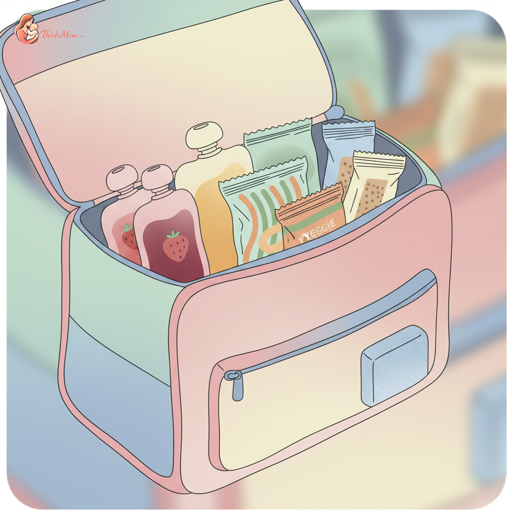 Assortment of colorful, individually packaged dairy-free and nut-free toddler snacks, like fruit pouches, veggie straws, and allergen-friendly bars, neatly arranged in a child's small insulated lunch bag next to a small ice pack, ready for travel.