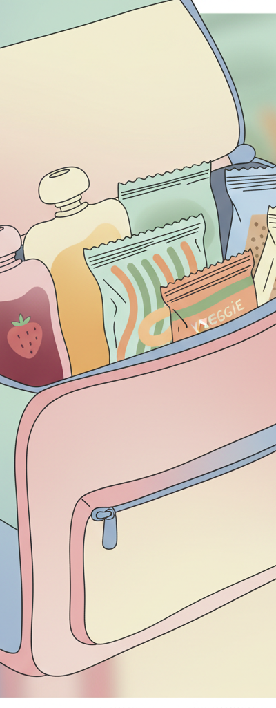 Assortment of colorful, individually packaged dairy-free and nut-free toddler snacks, like fruit pouches, veggie straws, and allergen-friendly bars, neatly arranged in a child's small insulated lunch bag next to a small ice pack, ready for travel.
