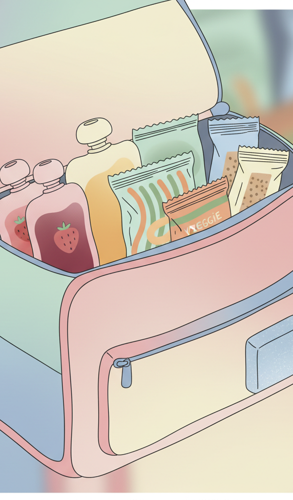 Assortment of colorful, individually packaged dairy-free and nut-free toddler snacks, like fruit pouches, veggie straws, and allergen-friendly bars, neatly arranged in a child's small insulated lunch bag next to a small ice pack, ready for travel.