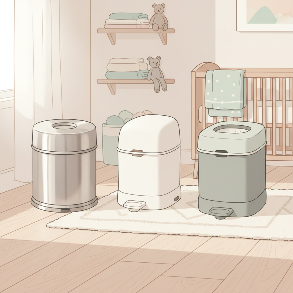 Three different modern diaper pails on a clean nursery floor, showcasing a stainless steel Ubbi pail, a white Munchkin Step pail, and a grey Dekor pail. All are closed, emphasizing odor containment.
