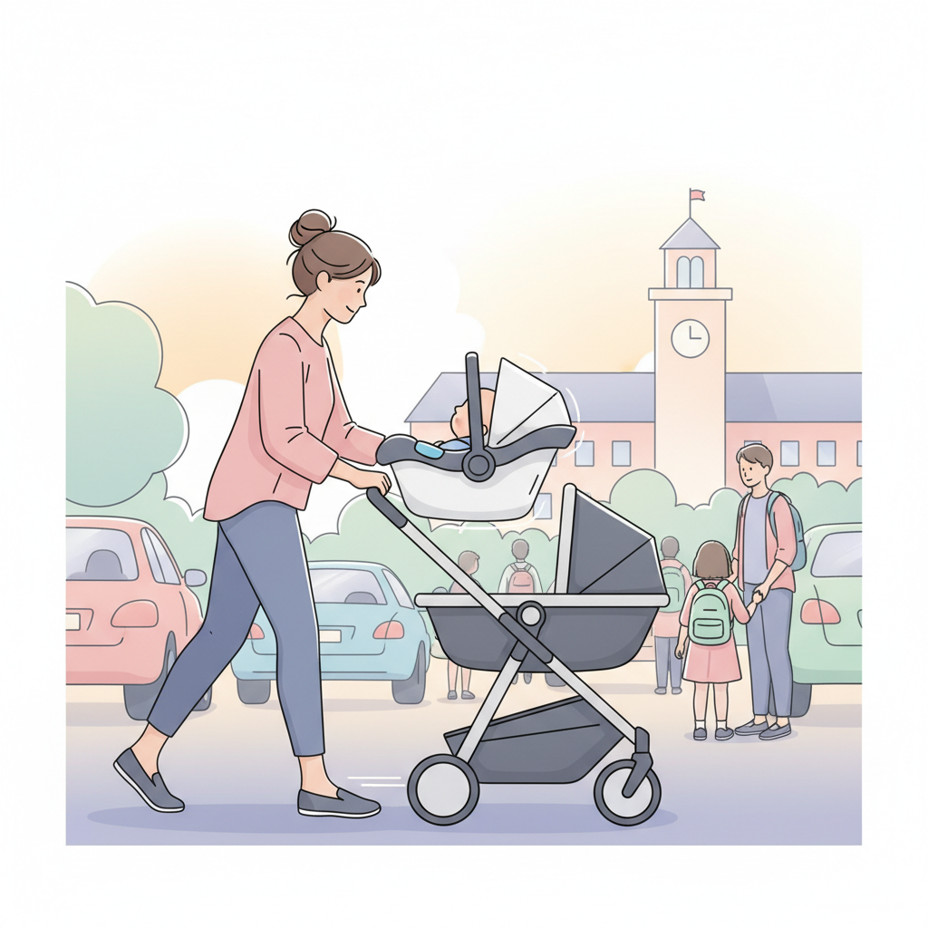 A parent quickly and effortlessly clicking a lightweight infant car seat into a compact stroller frame in a school drop-off line, with other children visible in the background.