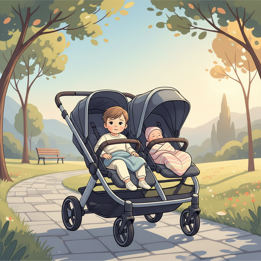 Family pushing a modern, versatile double stroller with a toddler and a newborn, navigating a sunny park path.