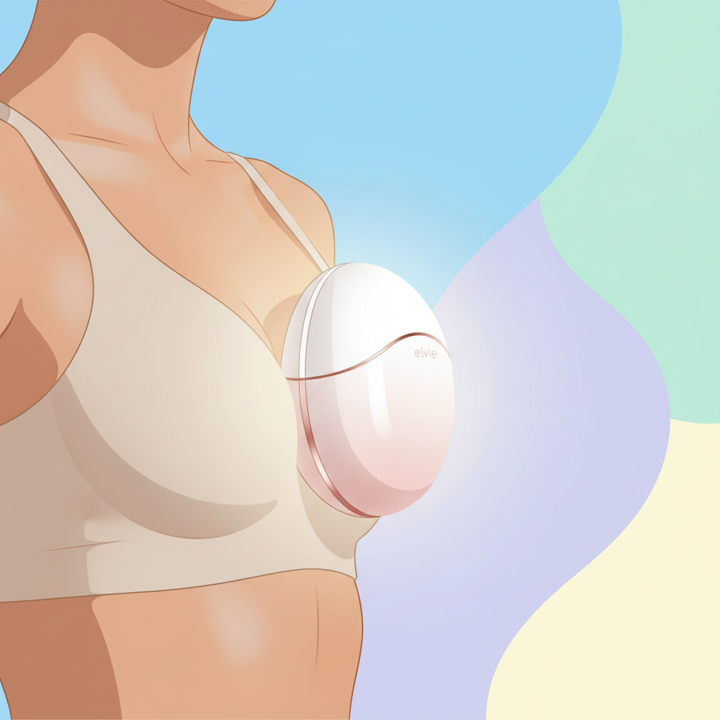 A close-up shot of a modern, sleek hands-free electric breast pump without tubing, fitting discreetly into a bra, with soft, diffused lighting.