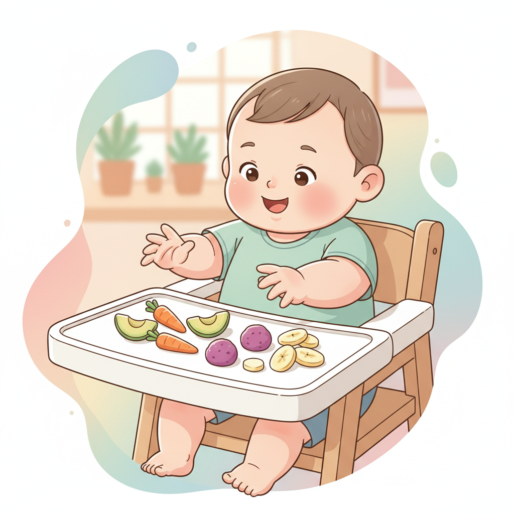 Smiling 8-month-old baby with no teeth eagerly reaching for soft steamed vegetable sticks on a high chair tray.