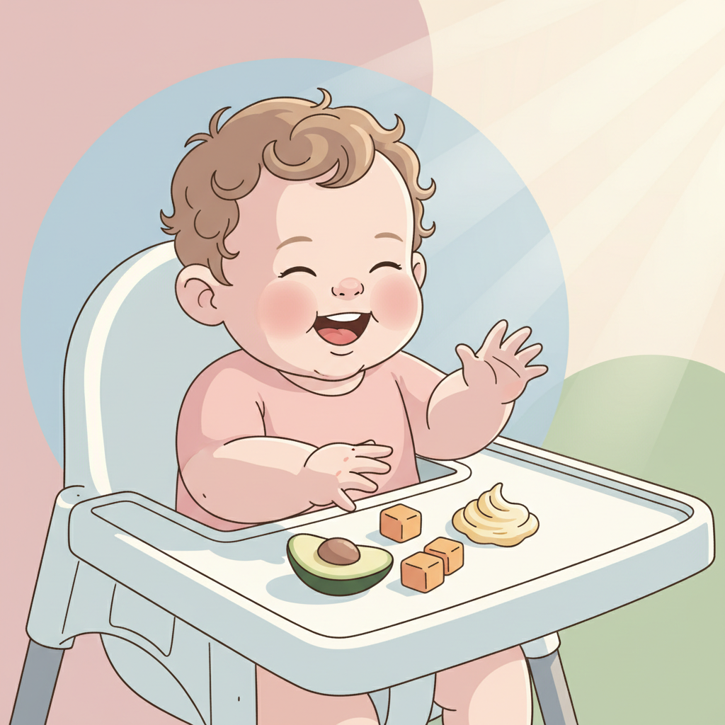 A happy 9-month-old baby without teeth, sitting in a high chair and happily gumming a soft, steamed sweet potato stick, with colorful, safe finger foods scattered on the tray.