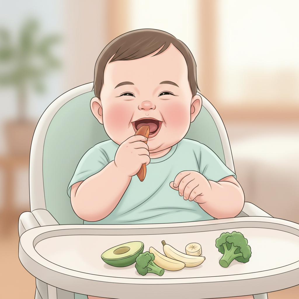 Close-up of a happy 7-month-old baby with no teeth, sitting in a high chair, joyfully holding and gumming a soft, steamed sweet potato spear, with other colorful, soft finger foods on the tray. A parent's hand is gently guiding nearby.
