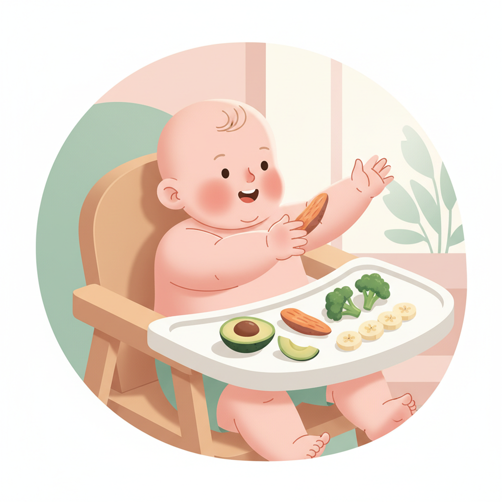 Happy 6-month-old baby in a high chair, smiling and reaching for a soft piece of steamed sweet potato during baby-led weaning, surrounded by other safe first finger foods like avocado and banana slices, with no teeth visible.
