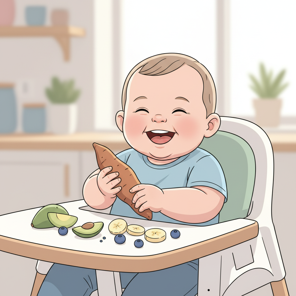 A happy 7-month-old baby with no teeth, sitting in a highchair, gleefully holding a soft, finger-sized piece of banana, with other colorful, mashed finger foods like avocado and sweet potato on the tray.