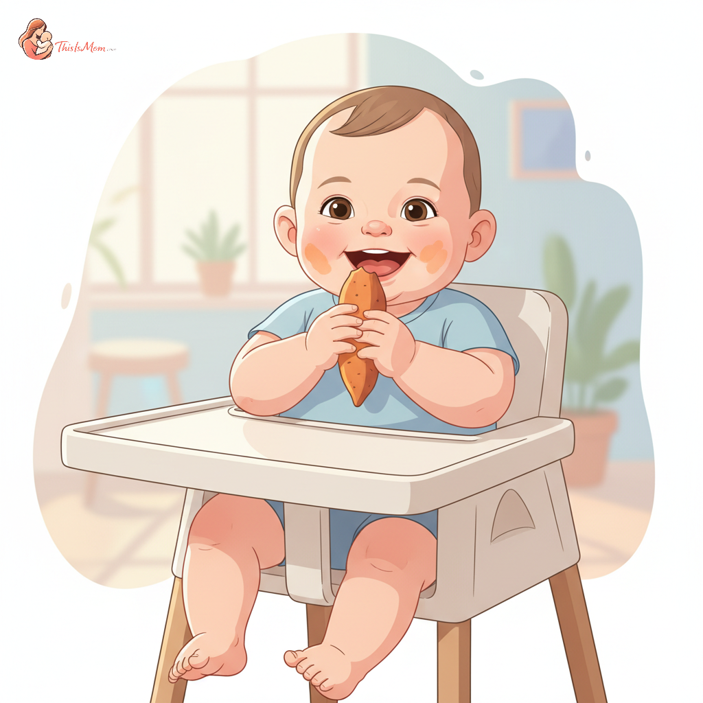 A happy baby with a gummy smile, sitting in a high chair, holding and exploring a soft piece of cooked sweet potato with their hand, against a light background.