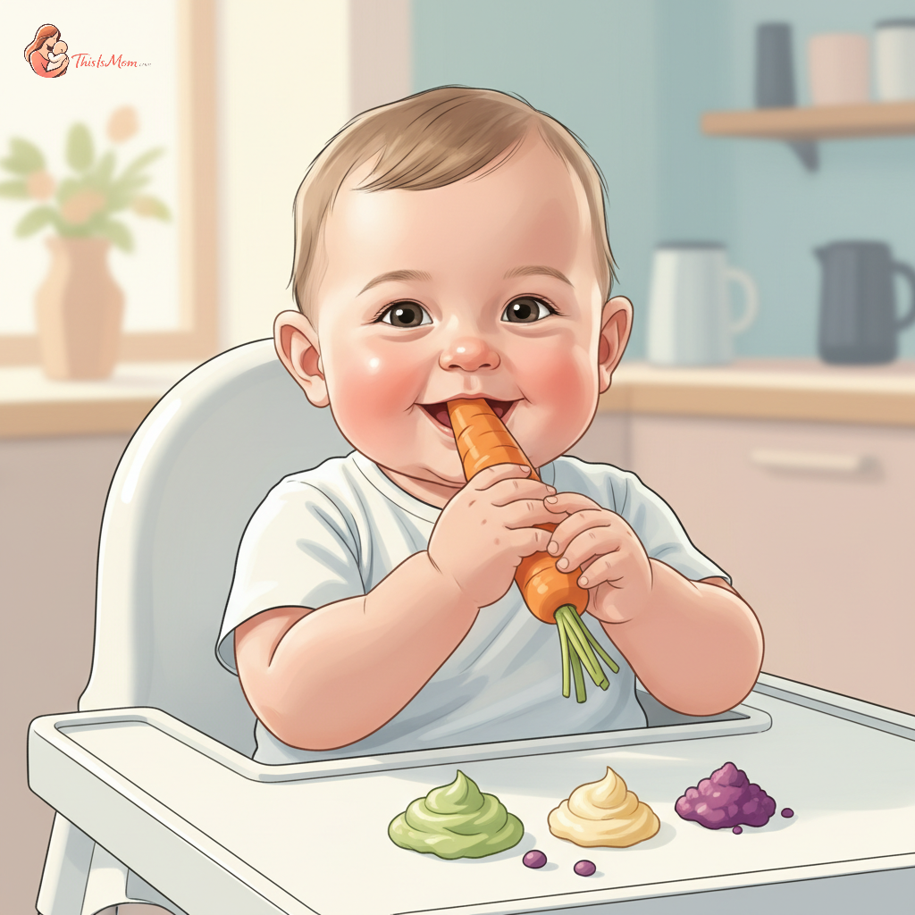 Close-up of a happy 6-month-old baby with no teeth, engaged in self-feeding, holding a soft, cooked carrot stick. The baby's mouth is slightly open, ready to gum the food, with a few crumbs around their mouth, indicating successful exploration. Soft, diffuse lighting focuses on the baby's face and hands, highlighting the interaction with the food. The background is blurred, showing a high chair tray with other small, colorful pieces of soft finger foods like avocado and banana.